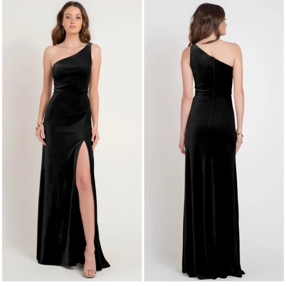 Jenny Yoo one shoulder black velvet gown
